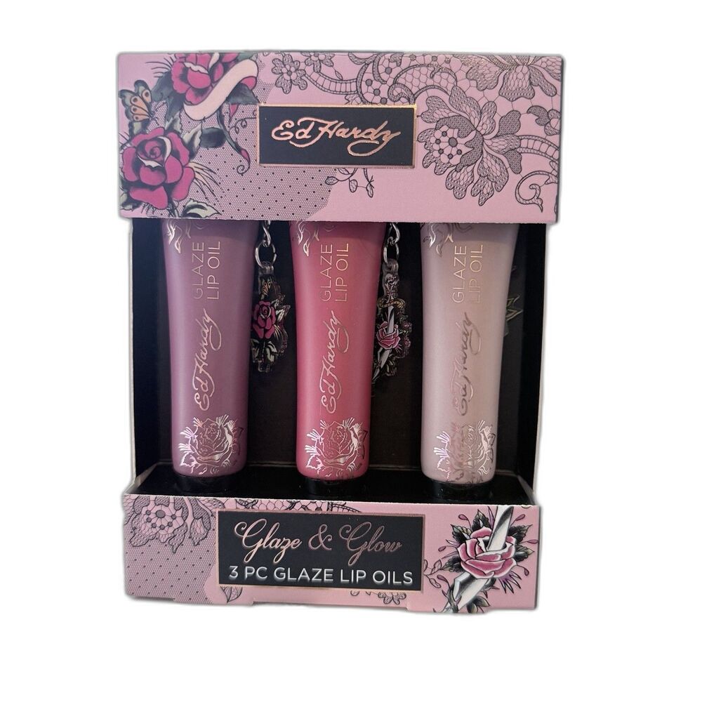 Ed Hardy Glaze & Glow 3 Pc Glaze Lip Oils Set with Charms New In Box